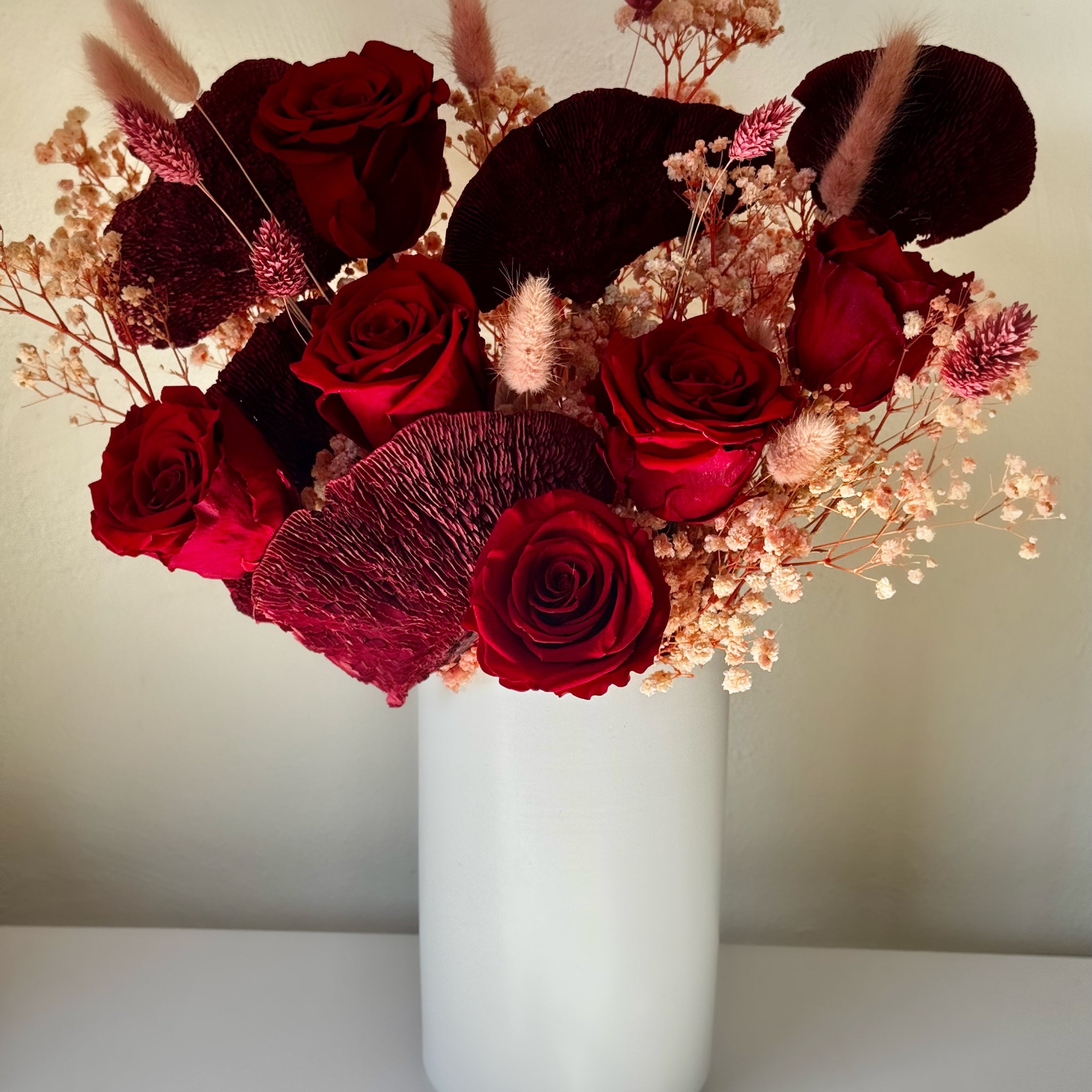 Dried Flower Arrangement Everlasting Roses are Red with Mushrooms