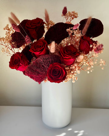 Dried Flower Arrangement Everlasting Roses are Red with Mushrooms